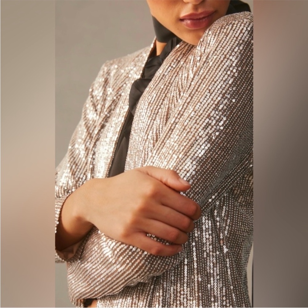 Anthropologie Duster Sparkle Formal Silver‎ Sequin Long Cardigan